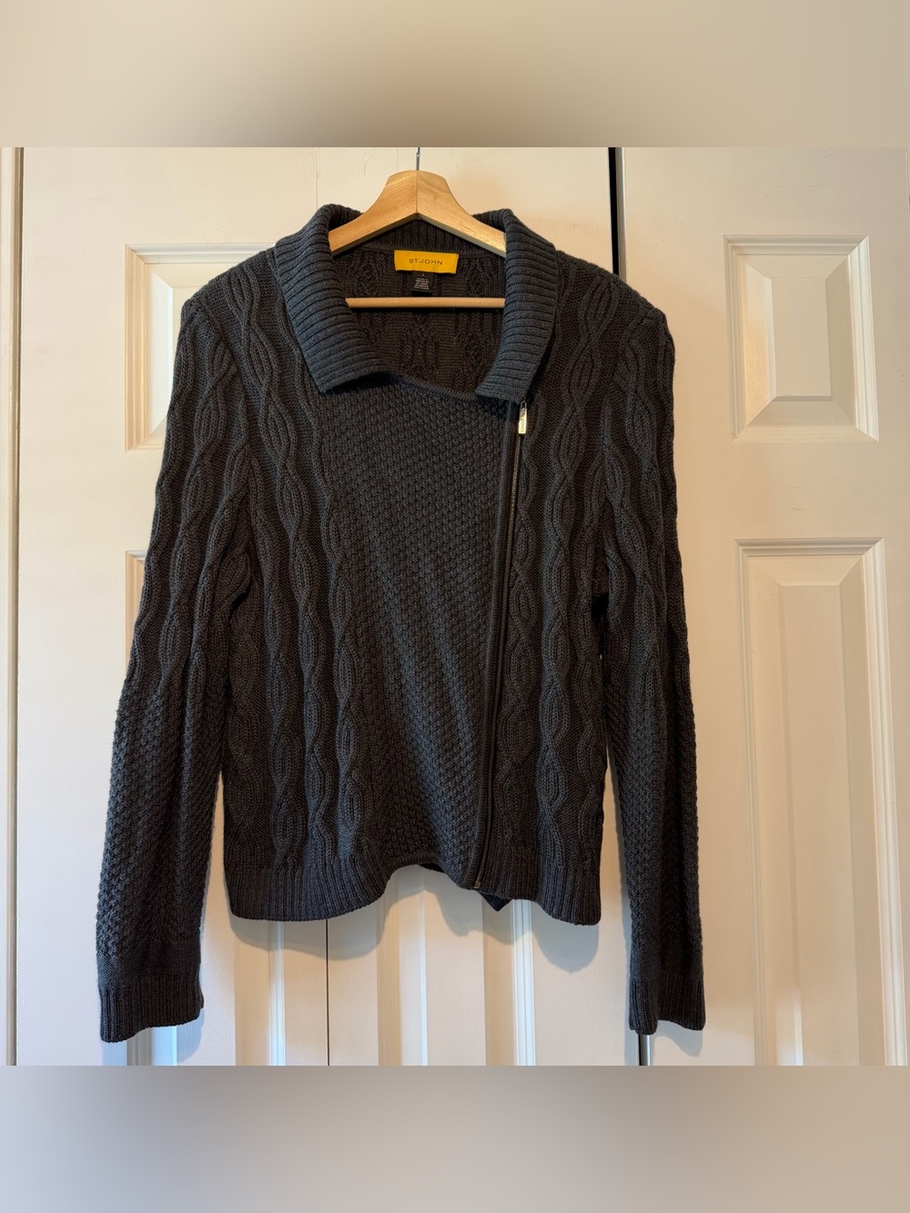 St. John Gray wool Cable-Knit Zip Sweater cardigan